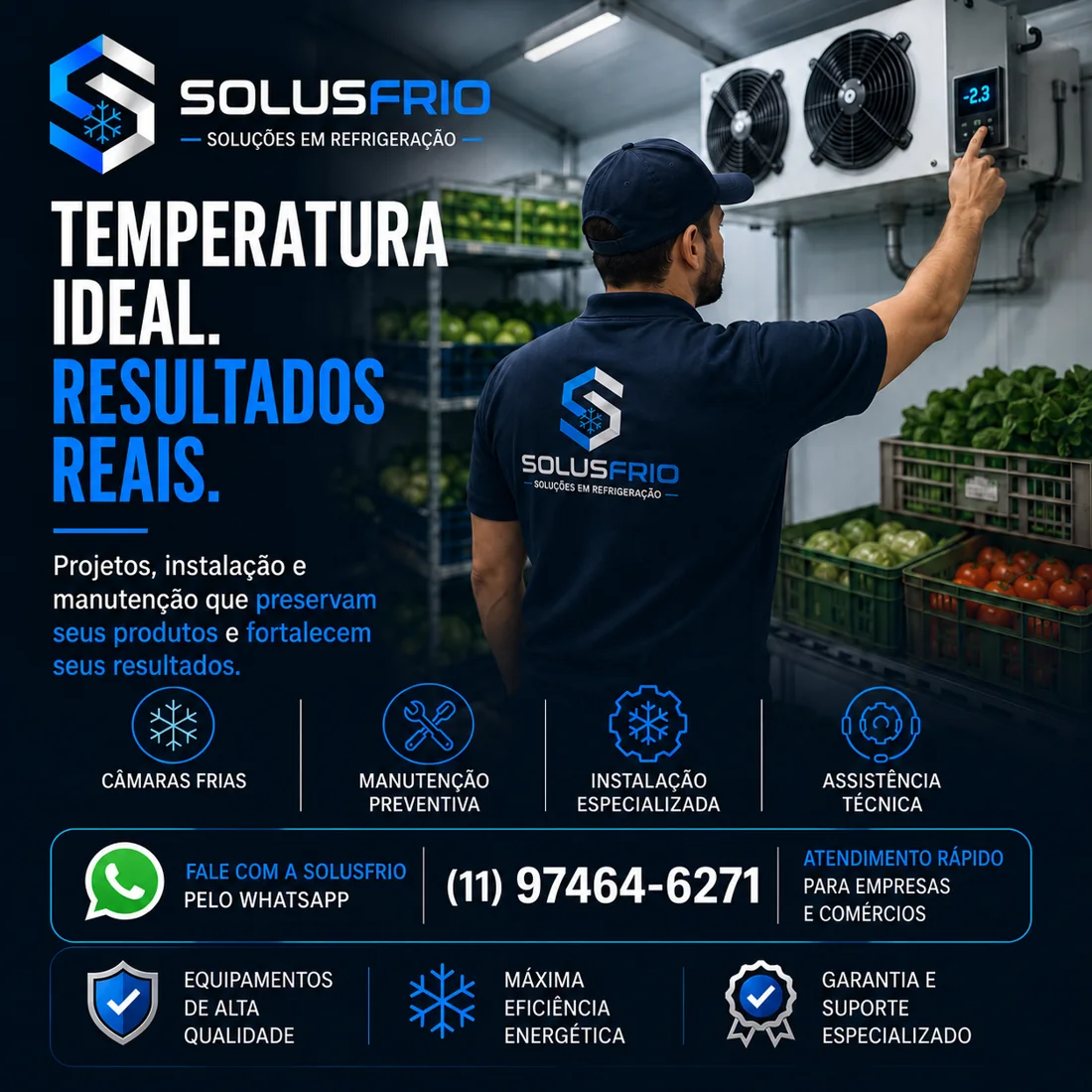Técnico Solus Frio realizando manutenção em sistema de refrigeração